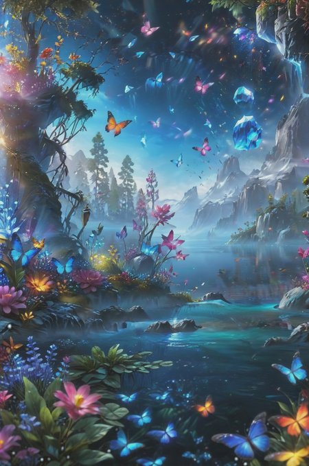 ultra realistic highly very detailed fantasy meadow, trees, grass, very realistic highly very detailed sea of colorful flowers ultra very realistic extremely highly detailed (crystal clear lake:1.6),sharp focus, ultra realistic extremely detailed (colorful butterflies:0.9), ultra realistic extremely very detailed (scenery:1.2), ultra-detailed, (by exquisite colors block),masterpiece,best quality,unreal engine 5 rendering, movie light,movie lens,movie special effects,detailed details,HDR,UHD,32K,CG wallpaper,intricate details (colorful particles:0.8) (colorful flowers:1.4), cinematic angle, magical look, fantasy setting, soft ray of light, glitter background, <lora:add-detail-xl:2.4> , cinematic light, digital painting, hyper realistic, photo realistic, high quality textures, vivid colors,  <lora:NightScapes_XL:1> NightScapes<lora:sdxl_lightning_8step_lora:1>