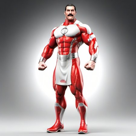 professional 3d model a full body portrait  muscular man with a moustache in a white and red bodysuit <lora:Thragg1024:0.8> . octane render, highly detailed, volumetric, dramatic lighting