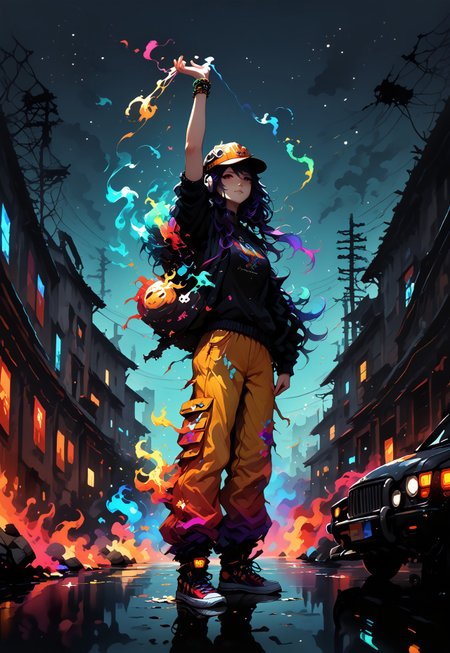 dynamic, slender, ((Masterpiece:1.3)), (best quality:1.2), apartment buildings with fire escape ladders, 1girl,solo,(jill stingray, rapping, urban dance, sneakers, low angle, low ponytail), urban hip clothes, baseball cap, messy long hair, reflection, concrete floor, half pipe, girl focus,golden frame, beads on clothes, american suburban architecture, side view, dancing, starry sky, beaming sun, cars, paper fragments in air, smoke, FFDAC, colorful,
score_9, score_8_up, score_7_up,