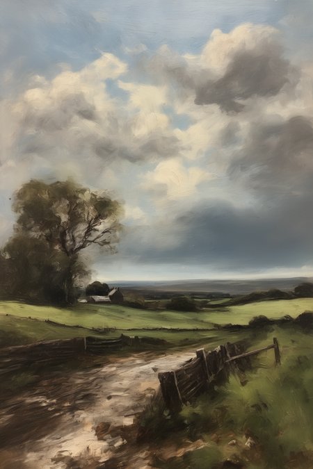 John Constable Style - A 19th century tonalist landscape oil painting of a rural west of ireland landscape with a farm and stormy cloudy sky. pale blue. impressionism. in a loose, hazy painterly style with a neutral color palette
