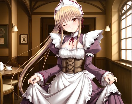 <lora:Ikusa_Megami_Verita_Character_Pack>,ekria,emaid outfit,medium breasts,solo,curtsey,one eye closed,smile,head tilt,cafe,, masterpiece,best quality,amazing quality, very aesthetic, absurdres,detailed eyes,ultra-detailed,