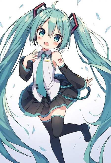 score_4,score_5,score_6,score_7_up,score_8_up,score_9 ((masterpiece,best quality,ultra detailed,highres,HD,4k:1.2)), 
chibi,full body,deformed,((| |:1.1)),
 1 girl,solo,face focus, 
hatsune miku,absurdly long hair,aqua hair,twintails,hair ornament,sidelocks,hair between eyes,parted bangs,aqua eyes,
white shirt,collared shirt,bare shoulders,sleeveless shirt,aqua necktie,detached sleeves,black sleeves,shoulder tattoo,fringe,black thighhighs,miniskirt,pleated skirt,zettai ryouiki,thigh boots,
happy,smile,open mouth,blush,