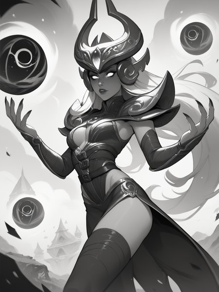 score_9, score_8_up, score_7_up, SyndraNormal, 1woman, solo, witch_outfit, crown, bare_feets, long_stocking, dark_sphere, monochrome, pop of colors, extremely detailed, paranoid, mood <lora:SyndraNormal:1>