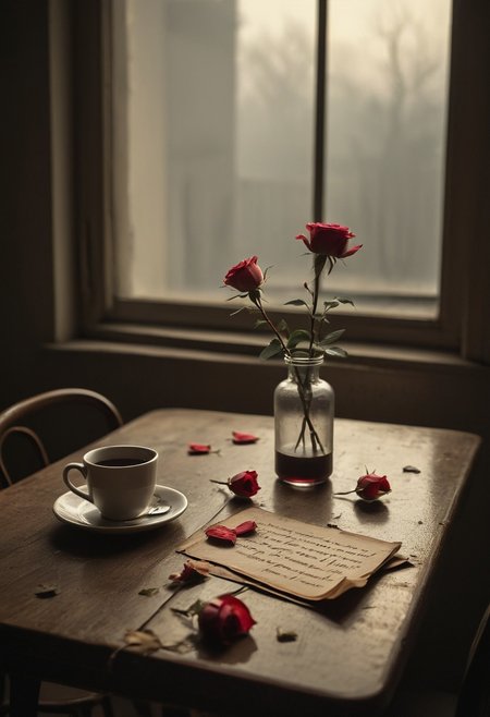Vintage,
An empty café table, two untouched cups of coffee gone cold, wilted rose in a vase. A soft glow from the street outside casts elongated shadows, whispering the remnants of a love that once was.
solitude, love lost, moody atmosphere, deep shadows, melancholic tones, dimly lit,wistful gaze, scattered love letters, faded memories, wilted rose, cinematic lighting, emotional depth, poignant symbolism, sorrowful beauty, heartbreak, chiaroscuro lighting, misty background,