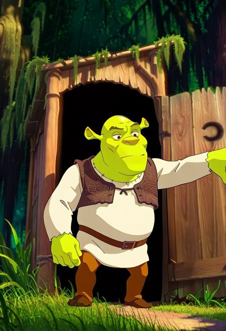 masterpiece, best quality, newest, absurdres, highres, anime, anime style, Shrek's-Outhouse-IL.V1.0, outdoors, moss, plant, nature, forest, Outhouse-closed door, Outhouse-open door, opening door, 1boy, shrek, bald, green skin, brown vest, white shirt, brown belt, pants
