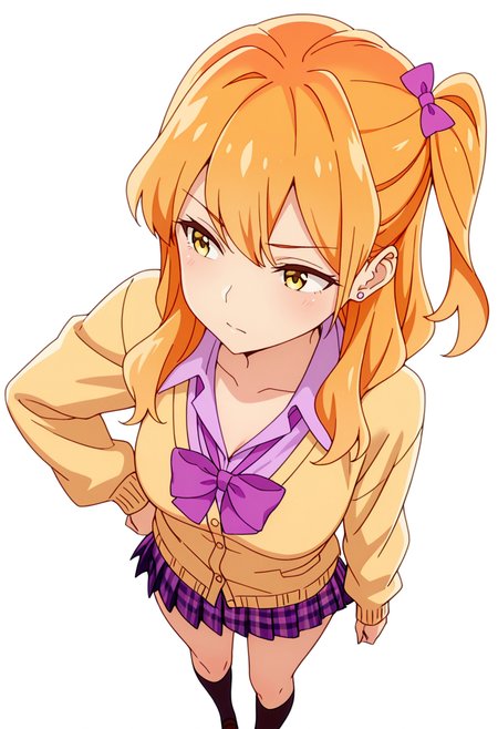 masterpiece,high quality details,absurdres, 
 <lora:Chibana_Sumika:0.8>
sumika_cnr, 1girl,orange hair, long hair, yellow eyes,one side up, bangs,stud earrings, 
sumika_s2, gyaru, kogal, plaid skirt, pleated skirt, yellow cardigan, collared shirt, hair bow,purple bowtie, kneehighs, stud earrings, long sleeves,, simple background, white background, from above,solo,, d:,