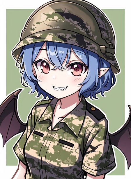 masterpiece, jungle, vietnam, usmc, yandere, teeth, smile, bat wings, blue hair, helmet, (military uniform:1.2), green camo, red eyes, short hair, short sleeves, wings,<lora:kameremi3:0.45>