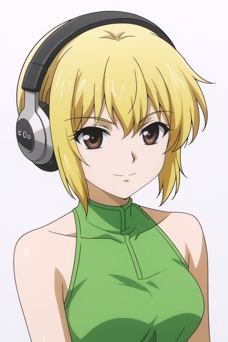 <lora:Freezing2:0.8> white background, Charles, solo, smile, bare shoulders, upper body, headphones, green shirt, anime coloring