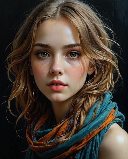 Drawing, full-length profile portrait of a girl, (Anna Dittmann), round face, loose hair, strands of hair covering the eyes and face, parted lips, full lips, perfect and hyper-detailed light eyes, loose and messy brown hair , woolen scarf on the head, earrings, black background, bright colors, sensuality, desire, side lighting, very high contrast, hard shadows, hyperrealistic, oil on canvas, paint strokes with a spatula, splashes