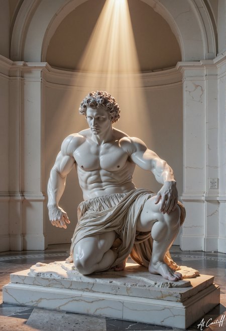 Photograph of a hyper-realistic marble statue depicting a powerfully built Black man with a voluminous curly afro, captured in a moment of dynamic tension. He sits cross-legged on a pristine white marble floor, surrounded by white walls, his muscular torso bare and gleaming under intense golden light that pours from above. His pleated kilt flows in frozen motion as he begins to rise, right knee bent at 90 degrees, left foot flexed to push off the ground, right hand gripping his left wrist with restrained energy. Every vein and muscle fiber is rendered in exquisite detail, the white marble polished to a luminous sheen, bring the black man to life. The monochromatic paletteâwhite statue on white marbleâforces all drama into the interplay of light and shadow: his afro casts intricate spirals of darkness across his shoulders, his flexed abs create deep chiaroscuro grooves, and the folds of his kilt throw razor-sharp shadows.<lora:Flux/Dark_side_of_light.safetensors:0.6000000000000001:0.6000000000000001> <lora:CustomFlux/MysticFantasy.safetensors:0.20000000000000004:0.20000000000000004> <lora:CustomFlux/MysticRealism.safetensors:0.5000000000000001:0.5000000000000001> <lora:CustomFlux/MysticXXX-v3.safetensors:0.6000000000000001:0.6000000000000001>