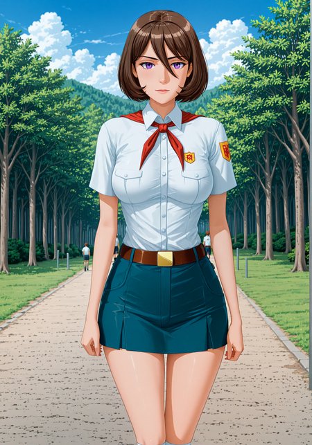 masterpiece, high_quality, highres, detailed_eyes, detailed, masterpiece, best quality, absurdres, 8k, HDR, face_focus, high quality, very_awa, newest, absurdres, highres, depth_of_field, realistic_skin, pinkretroanime, (retro art:0.7), Jeddtl02, p0nyd1sney1ncasev1x0n2, very aesthetic, detailed face, pioneer_uniform, el_pioneer_outfit, white_shirt_pioneer, short_sleeves, pioneer_badge, blue_short_pioneer, red_neckerchief, belt, white_socks, shoes, <lora:Kirishima_Aoki_illustrious_r1:0.8>, brown hair, short hair, purple eyes, (medium hanging breasts:1.1), elegant and dominant, mature, adult, sexy, medium breasts, looking at viewer, detailed beautiful eye, medium breasts, amazing background, clouds, nature, forest, ,  <lora:Everlasting_summer_pioneer_uniform:1>