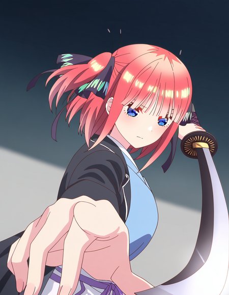 masterpiece, best quality, newest, absurdres, highres, safe,, <lora:nino-nakano-honeymoon-ponyxl-lora-nochekaiser:1>, nino nakano, short hair, bangs, blue eyes, large breasts, pink hair, blunt bangs, side ponytail, one side up, anime screencap, <lora:gatotsu-stance-illustriousxl-lora-nochekaiser:1>, gatotsu stance, weapon, sword, katana, holding weapon, holding, holding sword, foreshortening, japanese clothes, kimono, looking at viewer,, ,