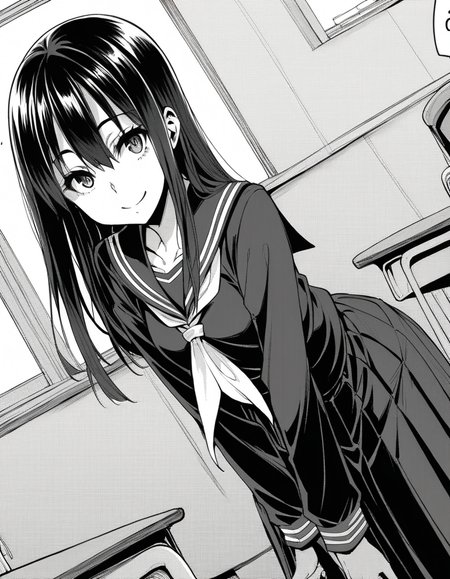 score_9, score_8_up, score_7_up, source_anime,
sakiyoshida, <lora:saki-yoshida-manga-ponyxl-lora-nochekaiser:1>,
saki yoshida, long hair, hair between eyes, monochrome, greyscale,
black hair, skirt, pleated skirt, serafuku, shirt, long sleeves, long skirt, sailor collar, neckerchief, black shirt,
indoors, classroom, bent over, smile,
looking at viewer, solo, dutch angle, cowboy shot,