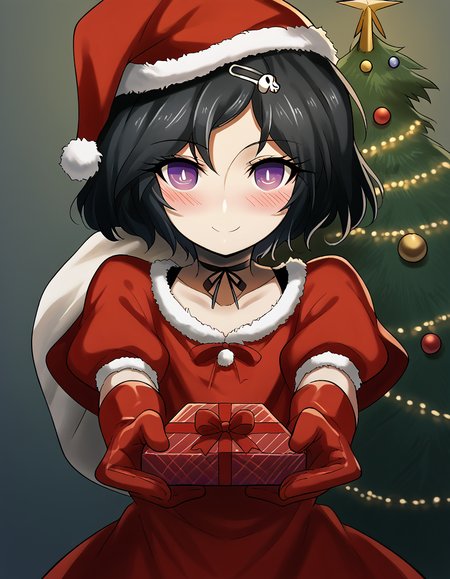 score_9, score_8_up, score_7_up, source_anime, <lora:luka-urushibara-ingame-ponyxl-lora-nochekaiser:1>, luka urushibara, black hair, choker, hair ornament, hairpin, male focus, otoko no ko, purple eyes, ribbon, ribbon choker, short hair, skull, skull hair ornament, trap,, <lora:santa-costume-ponyxl-lora-nochekaiser:1>, santa costume, santa hat, christmas, sack, merry christmas, gift, fur-trimmed headwear, holding sack, santa dress, fur-trimmed dress, christmas tree, christmas tree, fur trim, red capelet, gift box, red gloves, fur-trimmed capelet, santa gloves, red hat, hat,, smile, blush, looking at viewer, <lora:incoming-gift-ponyxl-lora-nochekaiser:1>, incoming gift, outstretched arms, holding, holding gift, gift, gift box,, , dutch angle, cowboy shot