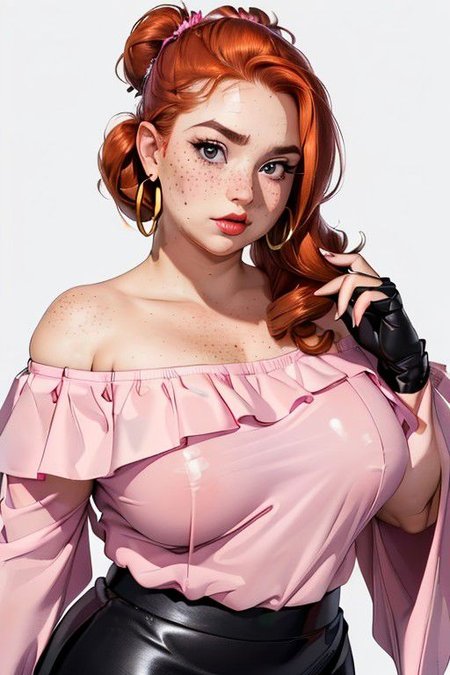 ((Best Quality, High Resolution, Extremely Detailed, Perfect Lighting, Over-Detailed, 8K, Masterpiece, Best Aesthetic)),
(1girl, mature female, beautiful face, ginger, hair in victory rolls, freckles, hoop earrings),
(Chubby, Fat Rolls, realistic skin imperfections),
(b4dg1rlv1x, bare shoulders,black gloves,black skirt,off shoulder,pencil skirt,pink shirt,off-shoulder shirt),
(sexy pose, looking over to viewer, full body shot, nsfw),
(white background, plain white background),
(EyeDetail, fHandDetail)