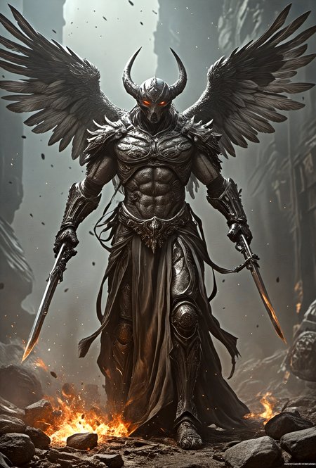 the heavy-metal-death-angel,flowing robes,metal-wings,descended from the heavens unleashing fire and destruction on the earth,biblical art,revelations,apocalyptic premonition,approaching perfection,dynamic,highly detailed,smooth,sharp focus,trending on artstation,sharp focus,intricate details,highly detailed,mysterious,epic,art by Dave McKean,art by Eric Lacombe,art by Ian McQueen