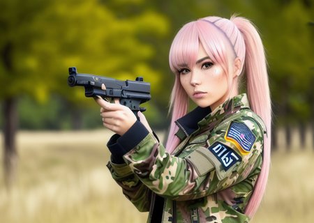 1girl, solo, weapon, gun, holding weapon, glock17,camouflage,((handgun)), outdoors, pink hair, holding, holding handgun, pony tail hair, bag, long hair, long sleeves, tree, blue eyes,  bangs, jacket, blush, upper body, grass, trigger discipline,masterpiece, sharp, 8k,(high detailed skin:1.2),   <lora:glock17:0.2>