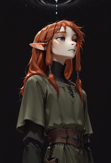 1person, (Lapanya), Malgha, freckles, 2 strands of hair sticking up, pointy ears, Long-sleeve black shirt, green tunic,
Low angle, looking around, floating, weightless, 
Black background, void background, empty space background,
Source: semi-realistic