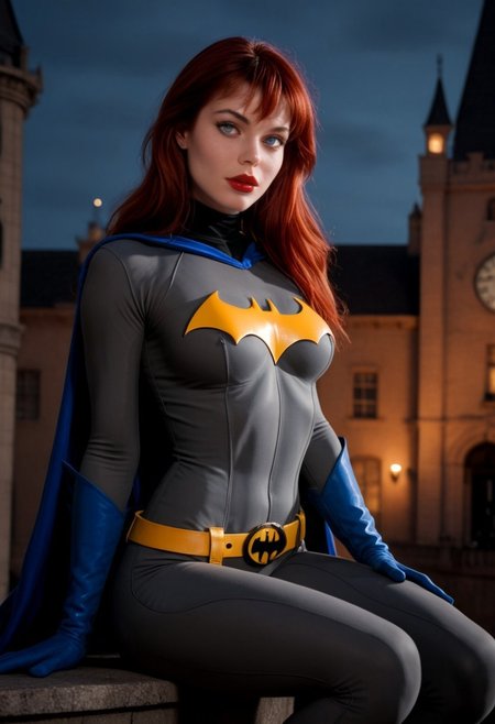 safe_pos, score_9, score_8_up, score_7_up, photo, vintage photo, 90's, 1990's, retro, sexy skinny girl, perfect eyes, sexy pose, adorable, petite, soft, youthful face, 18 years old, medium breasts, barbara gordon, long hair, red hair, bangs, blue eyes, bodysuit, cape, gloves, belt, boots, gray bodysuit, gray arms, blue gloves, blue boots, yellow bat symbol, sitting insides a gothic clock tower, gothic architecture, gothic fantasy at night, dim lighting, moody lighting in a dark and dirty city, intense rim lighting, heavy glow on bodysuit, heavy shadows, bokeh