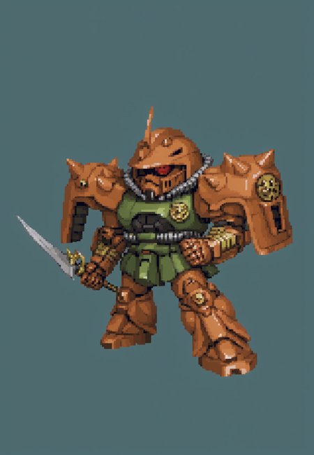 (full body view), (masterpiece), (ultra detailed), best quality, HDA_PixelArtXL_v1.2, garma_zaku, red monoeye, metallic heathawk, shoulder decals, green backgroundm, chibi, simple background, SRWFStyle