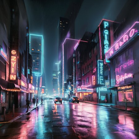 a neon cityscape at night in the pouring rain<lora:pouring_rain_XL:1>