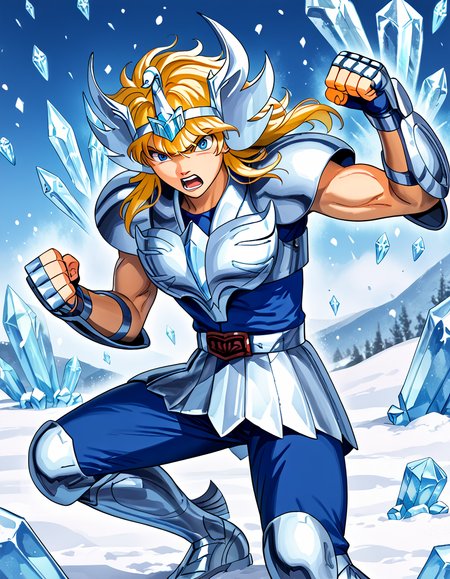 Score_9,Score_8_up,Score_7_up,in winter,grove,snowing,(snow:1.2),(ice crystals:1.5),ice background,Sputtered ice,frozen background,<lora:Cygnus_Hyoga_Saint_Seiya_PDXL:1>,cygnushyov1,1boy,blue eyes,slender figure,toned male,swan circlet,silver pauldrons,silver armor,fingerless silver gauntlets,circle plated vambrace,belt,silver tassets,blue pants,silver greaves,blue undershirt,belt buckle,wavy blonde hair,serious look,shouting,glaring,punch,fighting_stance,looking_at_viewer,