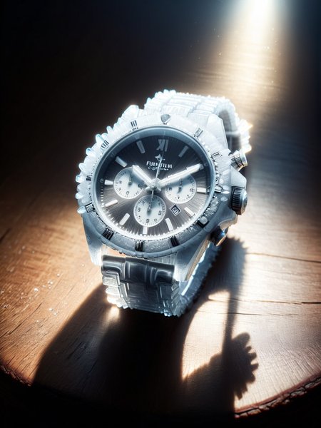 mad-ice wrist watch lying on wooden table, light rays, cinematic shot, dramatic lighting <lora:Ice_SDXL:1.2>, raw photo, film grain, Fujifilm XT3, (photorealistic, realistic:1.2), deep shadow,  8k, uhd, dslr, ultra high res