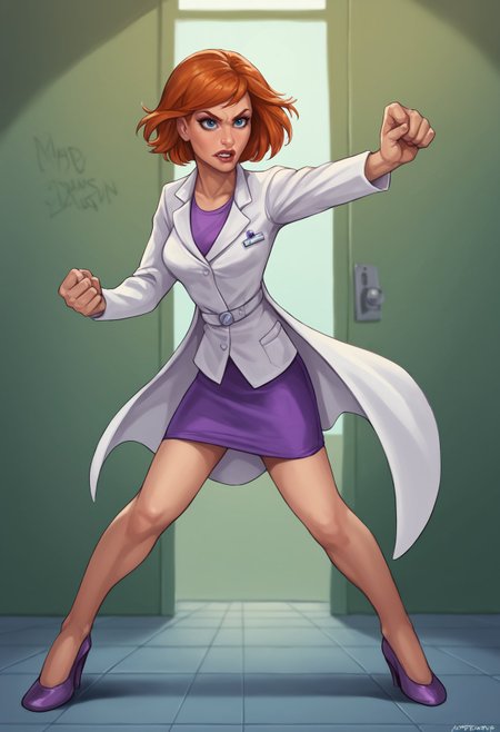score_7_up, score_6_up, action pose, realism, isat4n-dh, solo, 1girl, orange hair, blue eyes, short hair, labcoat, purple skirt, high heels <lora:add-detail-xl:0.5> <lora:sinfully_stylish_SDKL:0.5> <lora:Artist_Style_-_isatandoomsatan666_PDXL:1>  <lora:AnnPossiblePony1.0:0.5>