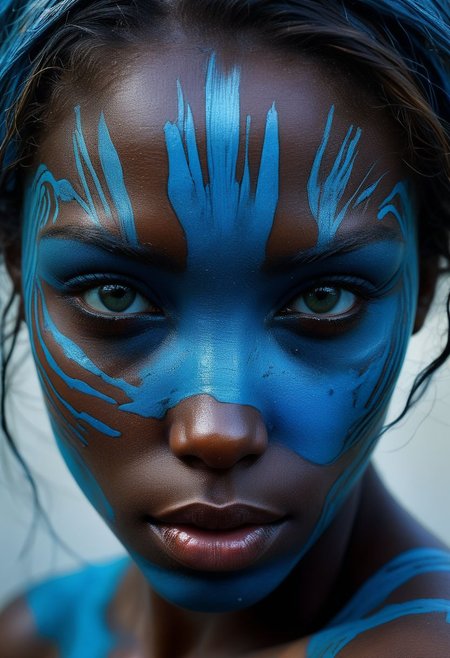 Close-up face, mysterious silhouette of an exotic coloured girl in worn down clothing, light blue war-paint over eyes only, goddess, alluring, by Minjae Lee, Carne Griffiths, Emily Kell, Steve McCurry, Geoffroy Thoorens, Aaron Horkey, Jordan Grimmer, Greg Rutkowski, amazing depth, double exposure, surreal, geometric patterns, intricately detailed, bokeh,  perfect balanced, deep fine borders, artistic photorealism , smooth,  great masterwork by Suiras  <lora:add-detail-xl:2>  <lora:Double_Exposure:0.5>