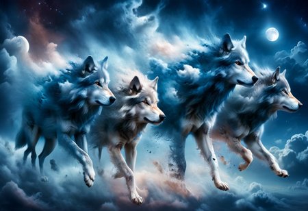 ral-dissolve, wolf pack made of clouds, spectral, among the heavens, darker, moonlight, cinematic composition, soft shadows, dramatic lighting, epic lighting, cold colours, blue palette