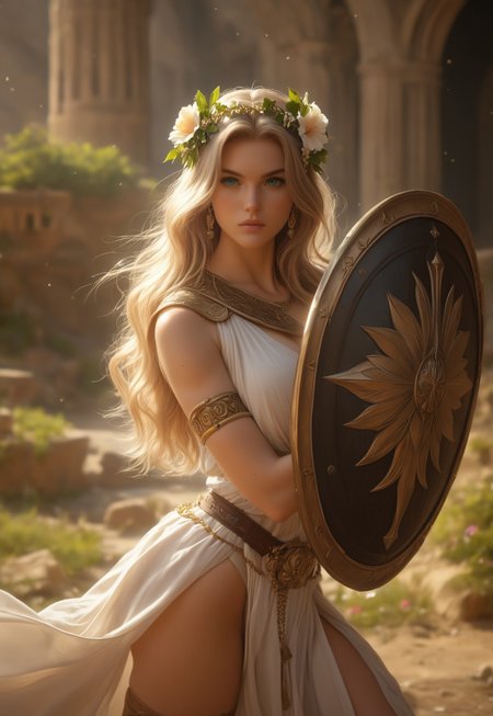 score_7_up, 8k, 1girl, solo, (fit), 
((Aphrodite is a greek goddess with flower head ornement. She is ready to fight with a sword and a gold shield in an antic arena <lora:Aphrodite:0.95>))
dynamic pose, (((full clothed)))
 <lora:add-detail-xl:1>
 <lora:Dynamic Poses:1>
(((full clothed)))
