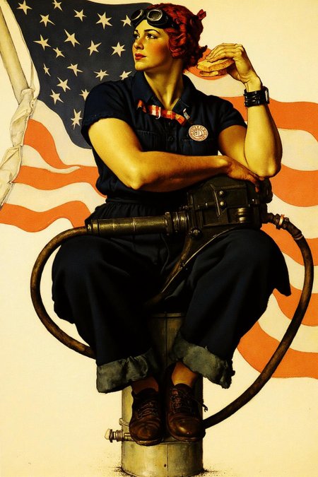 normanrockwell1 painting.
A woman, Rosie the Riveter, is depicted sitting on a barrel or similar cylindrical object. She is wearing a dark blue, short-sleeved work shirt with a prominent, round badge on the left chest. She is wearing goggles. She holds a sandwich in her hand. There is a rivet gun lying on her lap.
There is an American flag in the background.
 <lora:normanrockwell1_cap_d6a3e12:1.0><lora:841438923122016684:0>