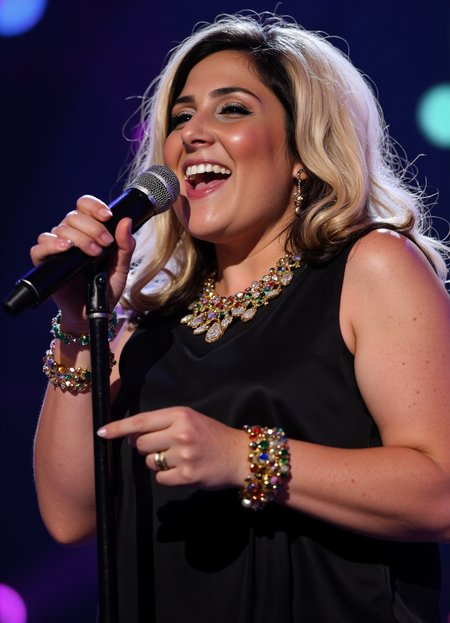 SFW, brightly lit, The image shows a woman singing into a microphone on a stage. She is wearing a black sleeveless top and a statement necklace. Her e hair is styled in loose waves and she is wearing multiple bracelets on her wrists. The background is blurred, but it appears to be a concert or performance with colorful lights. The woman is holding the microphone with both hands and her eyes are closed as she sings., aidmaimageupgrader<lora:flux\custom\celebrity\rikki-lake.safetensors:1.05:1.05> <lora:flux\turbo-8-step-flux.safetensors:0.5:0.5> <lora:flux\style\Common\aidmaImageUprader-FLUX-v0.3.safetensors:0.25:0.25>
