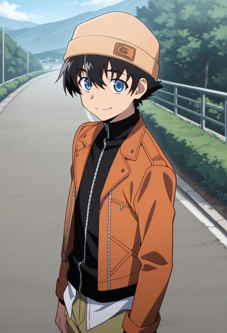 masterpiece,best quality,amazing quality, source_anime, 
YukiteruAmano, 1boy, male focus, solo, blue eyes, black hair, beanie, brown headwear, black shirt, turtleneck, zipper, jacket, brown jacket, open jacket, smile, outdoor,