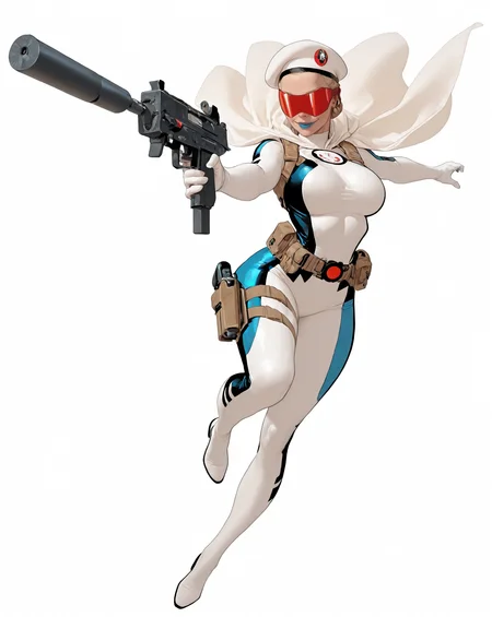solo, (full body shot, wide shot:1.2), 1girl, (30 year old Russian woman:1.2), beautiful female cyborg spy, fair skin, (white with light blue accents superhero bodysuit with armor padding:1.3), white body armor vest, thigh pistol holsters, white cloak, white military beret, cyborg, cybernetic seams, utility belt, blue eyes, epic red visor, long blonde hair, hair bun, white arm length gloves, slim waist, (toned body:1.1), (large breasts:1.2), wide hips, ultra detailed face, (blue lips:1.2), confident closed mouth smile, strong jaw line, white thigh high superhero boots, (shooting a uzi machine pistol with a suppressor:1.2), white background, (dynamic pose, dynamic composition, dynamic angle:1.2), digital painting, masterpiece, best quality, very awa, absurdres, 8k, comic art style,  <lora:NOOB_vp1_detailer_by_volnovik_v1:0.6> <lora:noobai_vpred_1_aqm_complete_v3:0.3> masterpiece, best quality, very aesthetic <lora:HyperdetailedColoredPencilIl:0.3> ArsMJStyle, Colored pencil hyperdetailed realism <lora:ponyv6_noobE11_2_adamW:0.3> <lora:illustriousXL_stabilizer_v1.7:0.4> <lora:Comics_IllustriousXL_Lora:0.3> C0M1C5 Style <lora:Superhero_Aesthetic_Illustrious:0.3> SUP3RH3R0 Style, comic art style, <lora:Carlos GomezStyleilluLYCO:0.3> cgstyle, (borderless), <lora:ppw_v7_Illuv1.0_1_r2:0.2>, <lora:anatomy_helper:1> <lora:Uzi_-_Machine_Pistol:0.5>