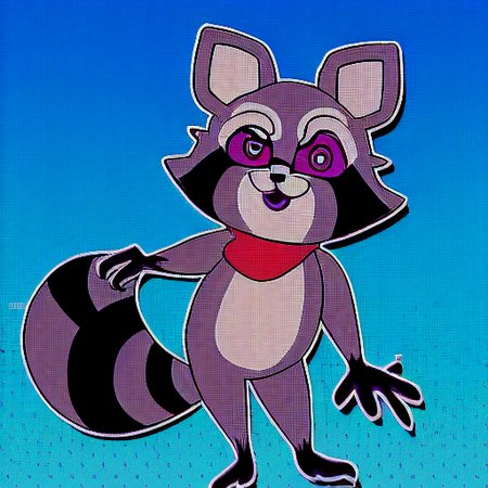(Rambley the Raccoon), furry Male, raccoon body, full body, solo, (indigo fur:1.1), (best quality), dramatic lighting, (detailed fluffy fur:1.1), cheerful expression, big eyes, Indigo eyes, red bandanna, black striped tail, black mask-like markings around eyes, upright ears, standing, paw raised, friendly demeanor, cartoon style, (Indigo Park), abandoned amusement park background, slightly eerie atmosphere, colorful, playful pose, high resolution, (best quality), (detailed background), (dynamic pose).
