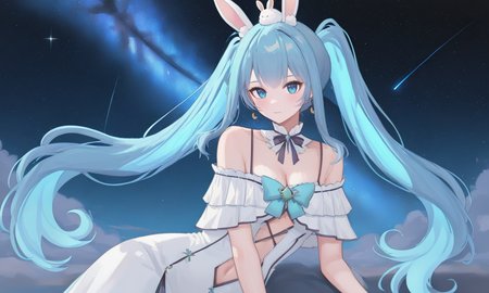 ((masterpiece, best quality, absurdres, highres, newest, very aesthetic, extremely detailed, very awa, year 2024, detailed background, perfect anatomy, surreal)),year 2023,<lora:lora-SEPTYA>,<lora:illustrious_noobai_epsilon_pred_1_masterpieces_v1:0.4>,<lora:UnifiedTheory:0.5>,<lora:Lirusso_Vtuber_1622999:0.8>,liruv1,(24 yo:0.8),24 year old girl,1girl,long hair,bangs,clothing cutout,bare shoulders,navel,twintails,virtual youtuber,blue eyes,frills,earrings,dress,blue bow,white dress,looking at viewer,blue bow,
1girl,masterpiece,on side,night sky,crescent moon,rabbit ears,fluffy,dress,absurdly long hair,milky way,glowing hair,shooting star,upper body,rabbit on head,