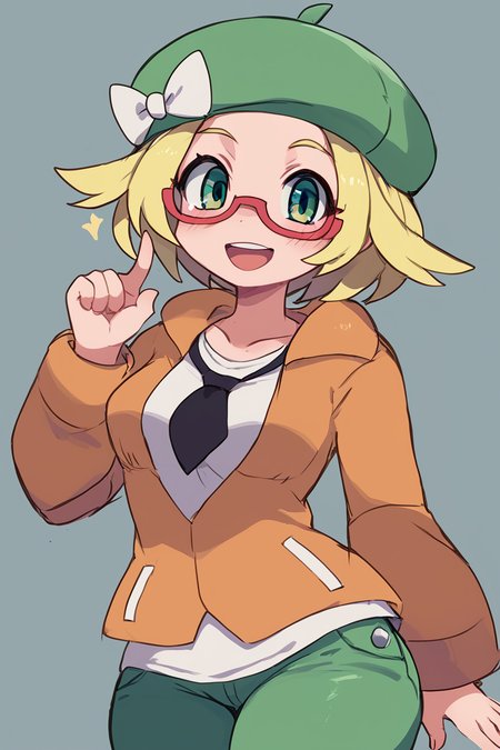 score_9, score_8_up, score_8, medium breasts, (curvy), cute, eyelashes,       BREAK, , ,,, zzBianca, blonde hair, short hair, green eyes, green hat, glasses, orange jacket, white shirt, green pants, <lora:Bianca_Pokemon_PDXL:0.8>,    ,,,, BREAK, smile, looking at viewer, cowboy shot, ,,, embedding:zPDXL, Expressiveh, ,,, <lora:Zankuro_Style_PDXL:0.8> <lora:SDXLFaeTastic2400:0.5>, <lora:Expressive_H-000001:0.4>,