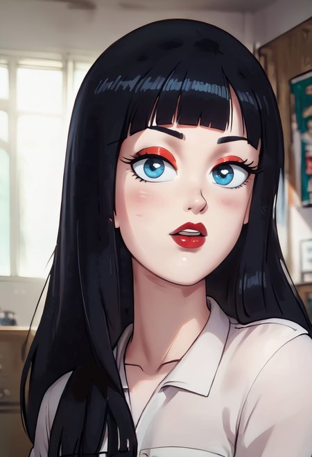 (ultra HD quality details), Detailed illustration, score_9, score_8_up, score_7_up, score_6_up, PRSNL, w_g_f, uncensored , pupils black dots, 1girl, lips,
 agent mai, long hair, bangs, blue eyes, black hair, eyelashes, red eyeliner, lipstick,
Warm light, indoors,
((Upper body)),