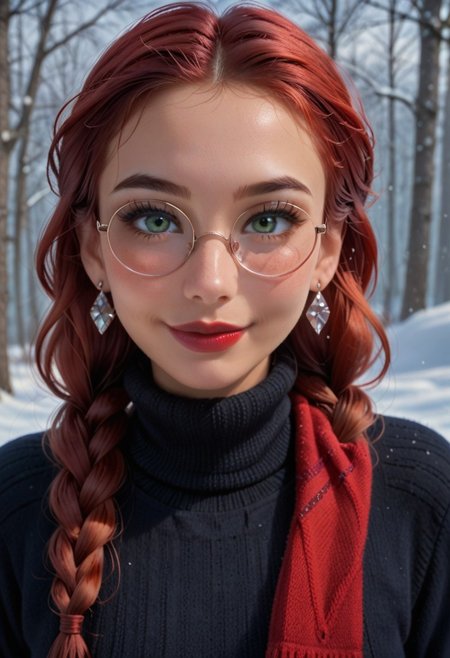 safe_pos, score_9, score_8_up, score_7_up, ultra realistic, round glasses,1girl, solo, gradient red hair, braidedhairs, two long braids, low braids,, red hair, clear green eyes, perfect eyes, eyebrows, hair behind the ear, small brown shadows, small black eyeliner, cute face, blush, seductive emotion, gentle smile, earrings, diamond earrings, red earrings, red lips, plump big lips, turtleneck sweater, black sweater, red scarf, scarf around neck, looking at viewer, head tilt, snow storm, snow, snow, close-up, siozick, solid colors, closed mouth