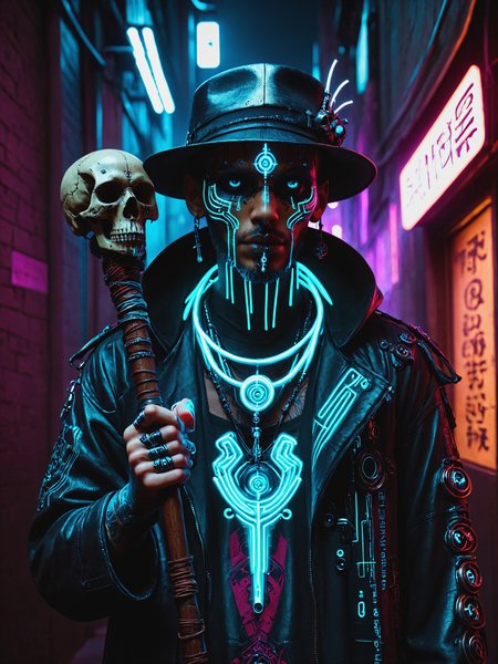 man, cyberpunk, dark alley way, face paint, staff, skulls, hat, mad-vdprst , night, neon light  <lora:Neon_Cyberpunk_Voodoo_Mage_SDXL:1>, (masterpiece:1.2), best quality