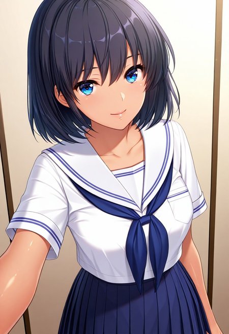 KawaYuuki, KoiAmstyle, tan, (absurdres, best quality, masterpiece:1.4), amazing quality, highres, newest, detailed, detailed body, detailed face,  beautiful, looking at viewer, 
BREAK
1girl, solo, black hair, Short hair, Blue eyes, white serafuku, blue neckerchief, blue pleated skirt,  smile, standing