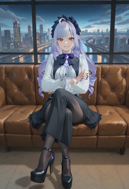 masterpiece, best quality, amazing quality, very aesthetic, absurdres, newest, scenery, volumetric lighting, perfect eyes, ultra detailed, high heels, platfor high heels, focus feet, sitting, crossed legs, full body,
1girl, Vivian, solo, purple hair, hair ringlets, ahoge, blue hairband, hair bow, hair ornaments, pointy ears, red eyes, double iris, purple inner iris, slit pupils, black nails, white hair strands,
high collar, double bowtie, purplebowtie gem, nobility dress, black and white dress, dress buttons, dress frills,
 looking at viewer, parted lips, sly smile, evil grin, crossed arms, looking down, from below,
city landscape, river river reflections, city lights, nightime, detailed background, beautiful frame, clouds, stars,
<lora:Vivian_-_Zenless_Zone_Zero_ZZZ_-_Illustrious:1>
masterpiece, best quality, amazing quality, very aesthetic, absurdres, newest, scenery, volumetric lighting, perfect eyes, ultra detailed,