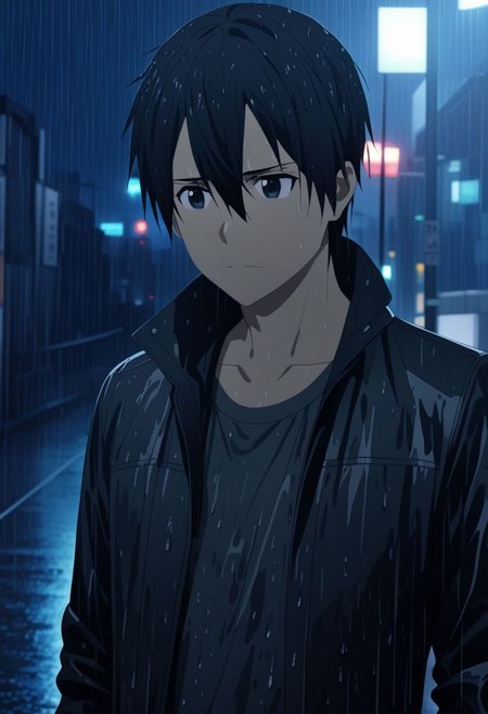 high resolution, professional photography, best quality, 1Boy, Kirigaya Kazuto, Black Hair, Black Eyes, heavy rain, downtown, night, looking down, sad, leather jacket, wet clothes, wet hair, looking away, overalldetail
