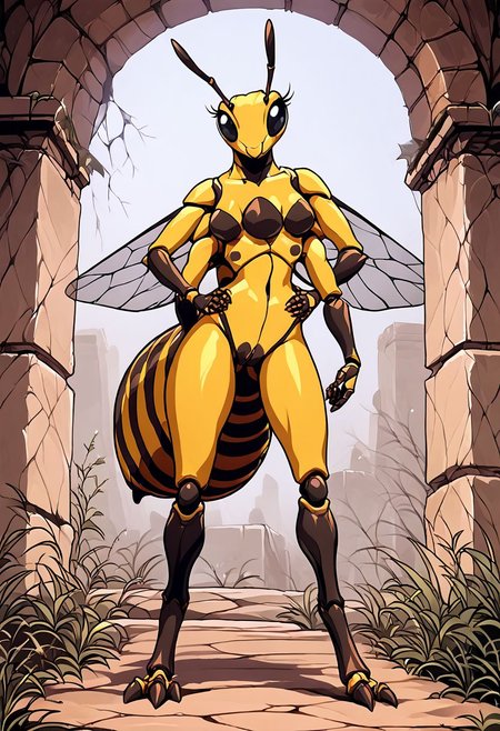 score_9, score_8_up, score_7_up, score_6_up, score_5_up, score_4_up, 
source_anime,  source_furry, source_cartoon, rating_explicit, 
solo, female, 
black and yellow body, fur, fluffy, furred body,
anthro, 
arthropod, insect, black eyes, exoskeleton, joints,
honeybee,
4 wings, multi wing, wings, 
2 antennae, antennae anatomy,
2 toes, toes, feet, digitigrade,
4 arms, 5 fingers, fingers, multi arm, 
smile, pose,
ruins,
detailed background, digital art, hi res, detailed, fantasy art,
Vintage, 1990s \(style\), 90s4n1m3, retro artstyle
three breasts, triboob,