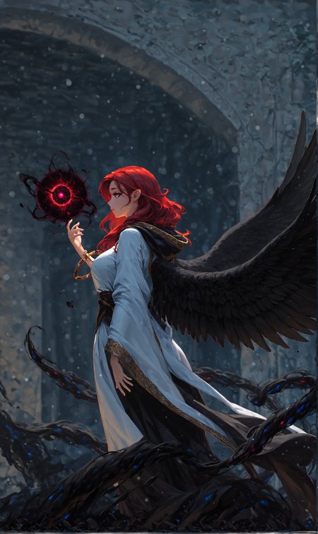 masterpiece, best quality, amazing quality, klskx, (nsfw, explicit:0.7), side view, 1girl, solo, red hair, long hair, detailed eyes, multicolored eyes, golden eyes, eyebrows, eyelashes, hooded cloak, black feathered wings, standing before portal, (glowing portal:1.2), hand reaching out, swirling magic energy, ancient stone archway, runic symbols, dark ruins, intricate details, (blurry background, depth of field, bokeh:0.9) <lora:klskx_wai:0.9> <lora:spo_sdxl_10ep_4k-data_lora_webui:1.5>