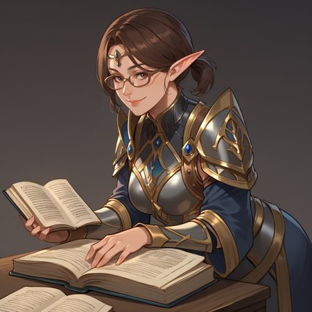 score_9, score_8_up, score_7_up, rating_safe,
brown hair, short ponytail, circlet, armor, reading a book, glasses, focus,
elf, mature woman, looking at viewer, slight smile,
<lora:HEPRINCESS:0.8>