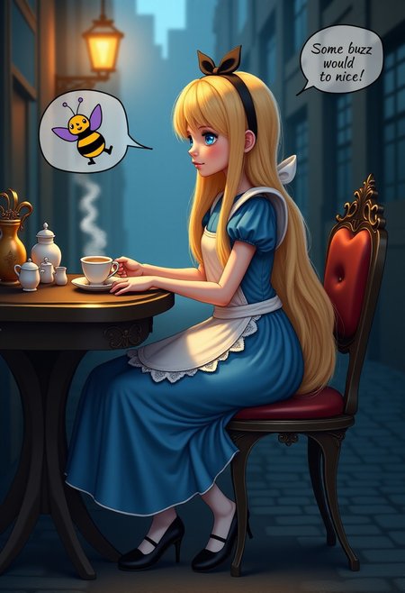 score_9, score_8_up, score_7_up, score_6_up,evi@decrepPunk, side view, 1girl, long blonde hair, DisneyAlice,  adult , 30yo, 1girl, , blue eyes, , hairband, petite body, aliceinwonderlandoutfit, ((android hands), (android legs) , speech cute , shy,  sitting at chair, teatable, cup of tea, <((speech bubble, "Some  buzz  would be nice!" in the speech bubble))>
in the CyberpunkWorld city center, dynamic lighting, dramatic and magical,