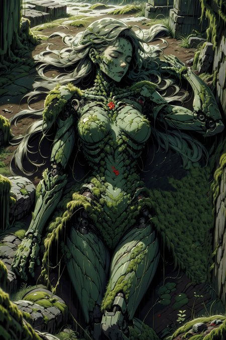 (masterpiece, best quality, detailed, high definition, vibrant colors), eerie, dark, tragic, (solo), from above, cyborg, lying down, closed eyes, still, robot, mechanical parts, mechanical joints, (covered in moss), m0ss_dr3ss, abandoned, blood, flowers, ovrgrwth, <lora:m0ss_dr3ss-06:0.7> <lora:ral-ovrgrwth-sd15:0.8> <lora:biomanic:1.0>