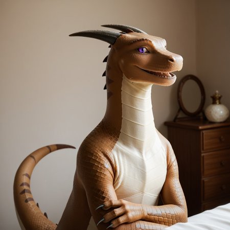 score_9, score_8_up, score_7_up, score_6_up, score_5_up, score_4_up, masterpiece, high quality, realistic, detailed, best quality, solo, rating_safe, source_furry, bedroom, open mouth smile, (looking at viewer), standing, bipedal, full body, detailed eyes, feral, Sebastian_awsw, brown scales, horns, white underbelly, dragon, tail, scales, claws, purple eyes, male, 1boy, (upper body, close up)